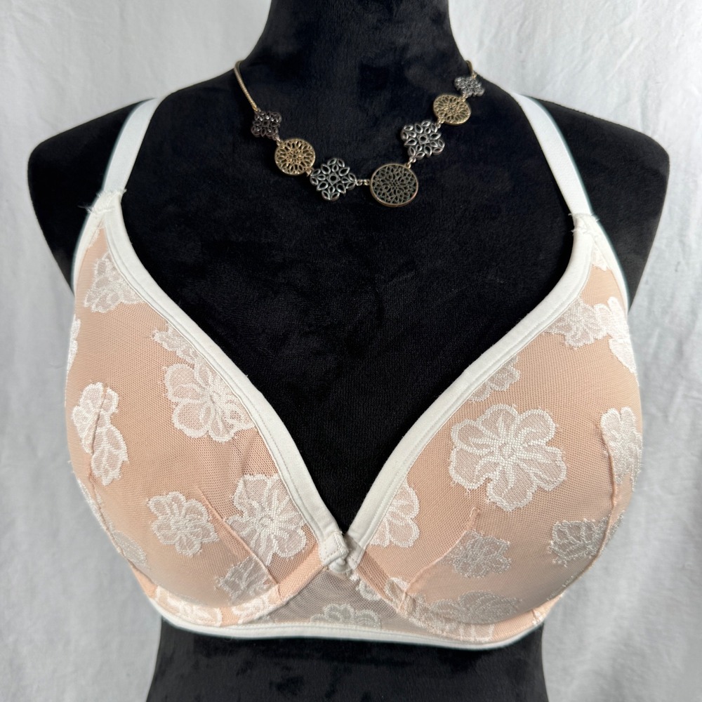 Women's Pink Victoria's Secret Lightly Lined Bra 36DD Floral Lace Racerback Nude